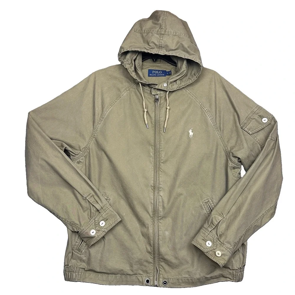 Polo Ralph Lauren Utility Jacket Mens Large Army Green Hooded Full Zip Pony Logo